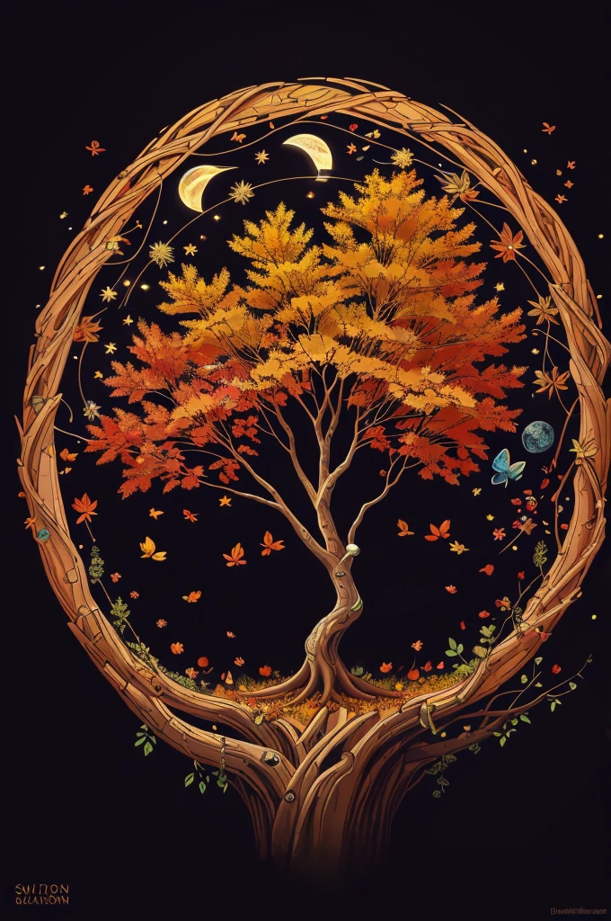 circular tree,four seasons,spring,summer,autumn,winter,leaves,roots,branches,trunk,ornate border,decorative,digital illustration,artwork,movement,time,swirling background,dark background,vibrant colors,natural,life cycle,growth,change,nature,life,peace,harmony,spirituality,symbolism,digital art,illustration,painting,graphic design,art,design,digital media,online art,visual art,fine art,fantasy