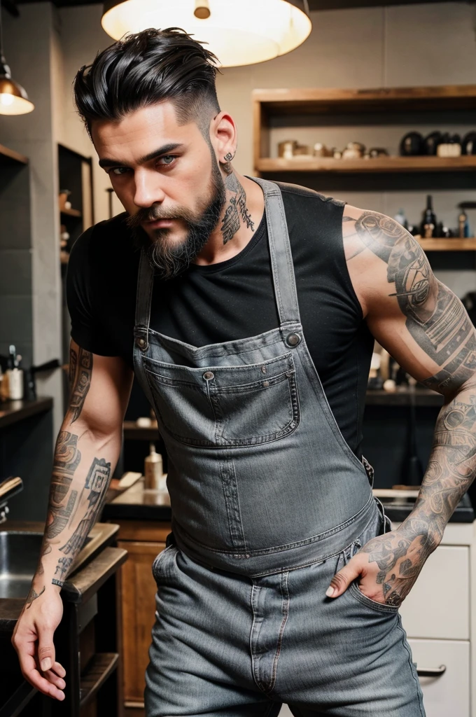 Beautiful handsome attractive man in worn jeans and black t-shirt with short hair in the back and hair on top which is pulled back. He wears ancient motorcycle boots. He has trimmed beard and hair on chest and tattooed on arms. His eyes are blue-gray. Wearing a leather apron in salon.