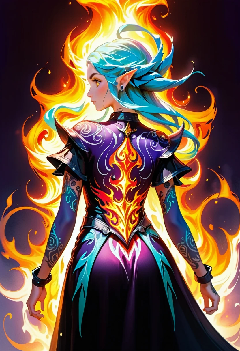 Arafed, Dark fantasy art, fantasy art, goth art, a picture of a ((motorcycle tattoo on the back of a female elf: 1.5)), a glowing tattoo of a ((motorcycle: 1.3)) on the elf's back, the ((motorcycle tattoo)) is vivid, intricate detailed, ((fire surrounds the motorcycle: 1.5)), shot taken from the back, ((the back is visible: 1.3), she wears a transparent black dress, the dress is elegant, flowing, elven style, that the tattoos glow, dynamic hair color, dynamic hair style, faize,, Digital Painting, GlowingRunesAI_purple,