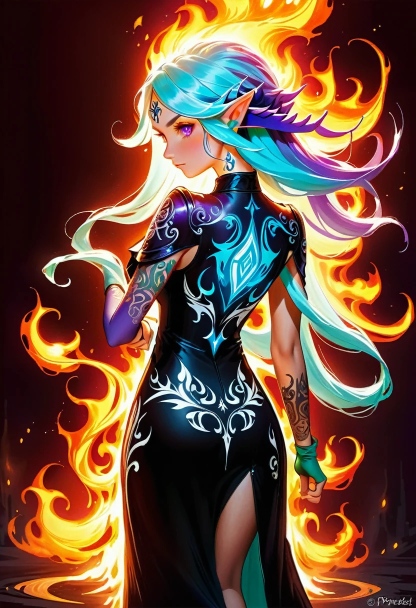 Arafed, Dark fantasy art, fantasy art, goth art, a picture of a ((motorcycle tattoo on the back of a female elf: 1.5)), a glowing tattoo of a ((motorcycle: 1.3)) on the elf's back, the ((motorcycle tattoo)) is vivid, intricate detailed, ((fire surrounds the motorcycle: 1.5)), shot taken from the back, ((the back is visible: 1.3), she wears a transparent black dress, the dress is elegant, flowing, elven style, that the tattoos glow, dynamic hair color, dynamic hair style, faize,, Digital Painting, GlowingRunesAI_purple,