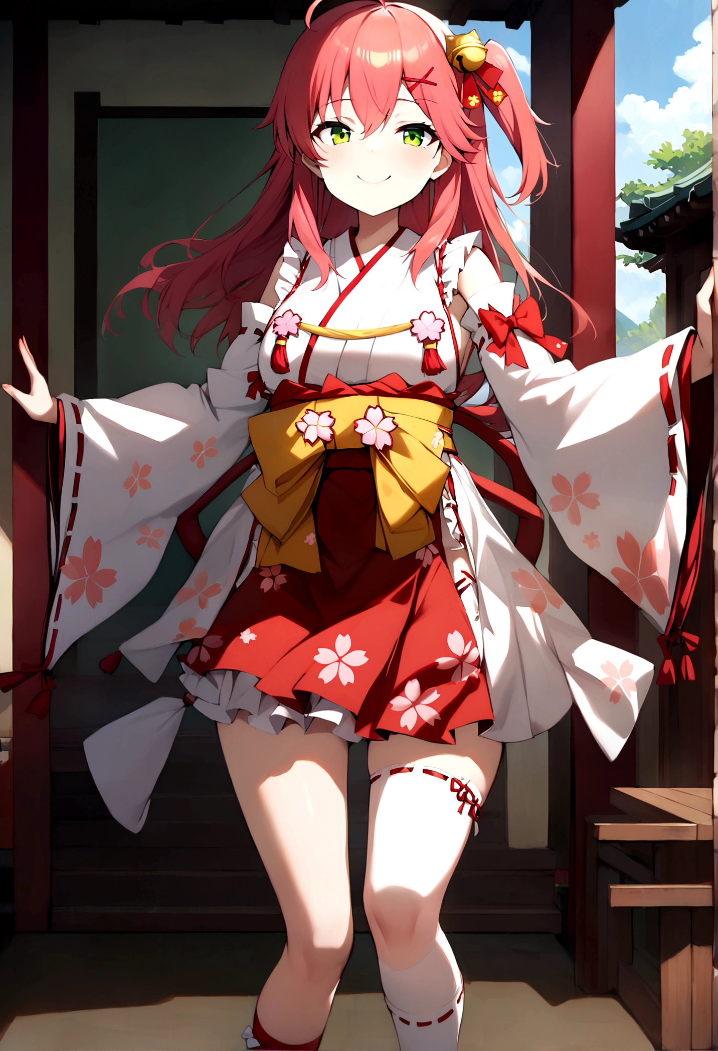 ((masterpiece,Highest quality)),One girl, Day, kimono, View your viewers, Recall, Outdoor, Are standing, Miko 1, sakura miko, Green Eyes, alone, Ahoge, X Hair Ornament, Pink Hair, Single knee socks, Side bust, Hair Clip, Hair Bell, Floral print, Long Hair, Hair between the eyes, One side up, White knee socks, Asymmetrical legwear, Wide sleeves, smile, sunny, smug face