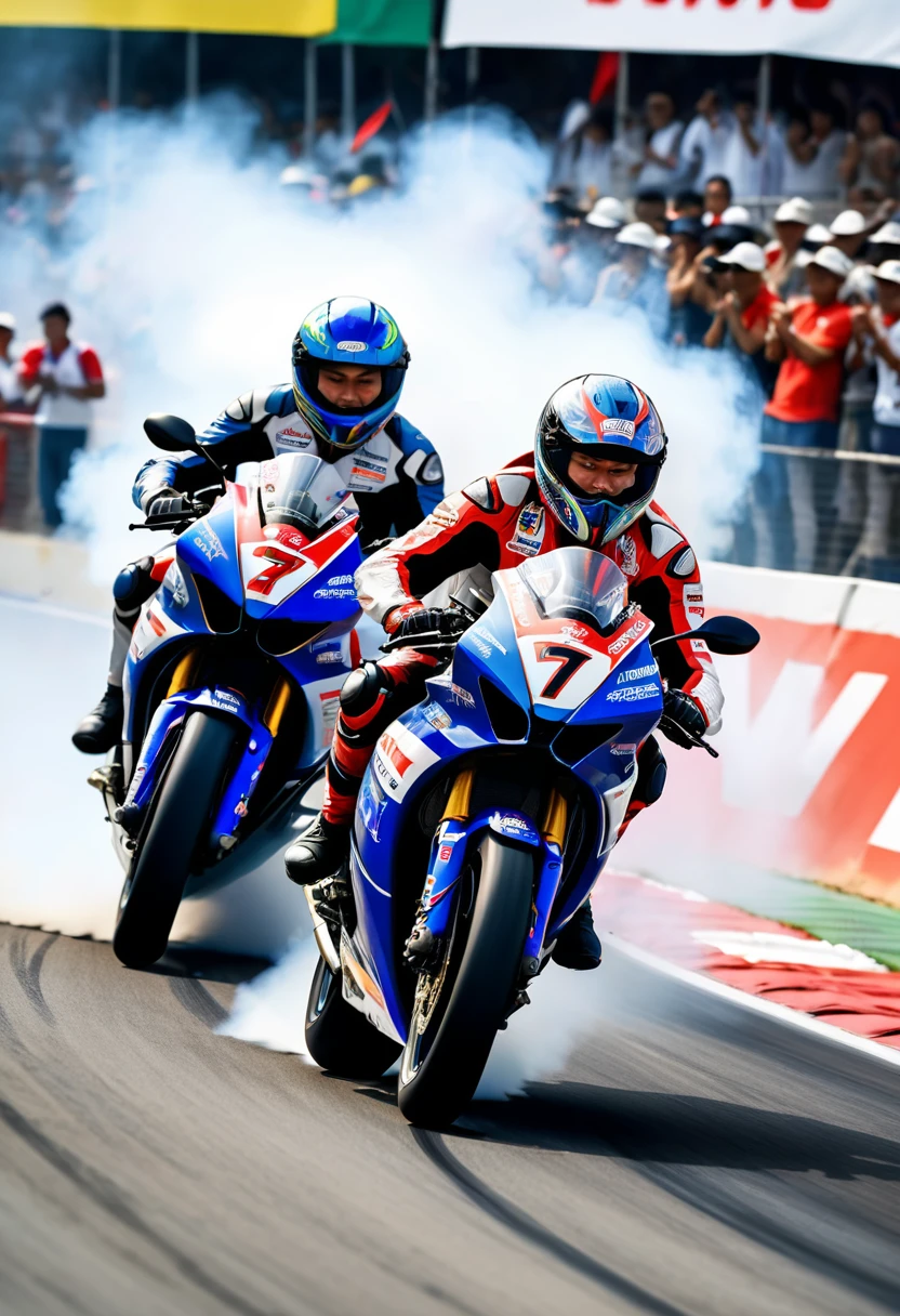 (Motorcycle), On a professional racing track, two Asian athletes dressed in professional racing uniforms are driving high-performance racing grade motorcycles, almost neck and neck, with white smoke generated by intense friction between tires and the ground. The audience is filled with boiling cheers, and the background is filled with enthusiastic spectators, full body, (Photography), panoramic view, award-winning, cinematic still, emotional, vignette, dynamic, vivid, (masterpiece, best quality, Professional, perfect composition, very aesthetic, absurdres, ultra-detailed, intricate details:1.3)
