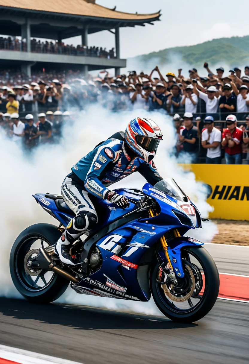 (Motorcycle), On a professional racing track, two Asian athletes dressed in professional racing uniforms are driving high-performance racing grade motorcycles, almost neck and neck, with white smoke generated by intense friction between tires and the ground. The audience is filled with boiling cheers, and the background is filled with enthusiastic spectators, full body, (Photography), panoramic view, award-winning, cinematic still, emotional, vignette, dynamic, vivid, (masterpiece, best quality, Professional, perfect composition, very aesthetic, absurdres, ultra-detailed, intricate details:1.3)