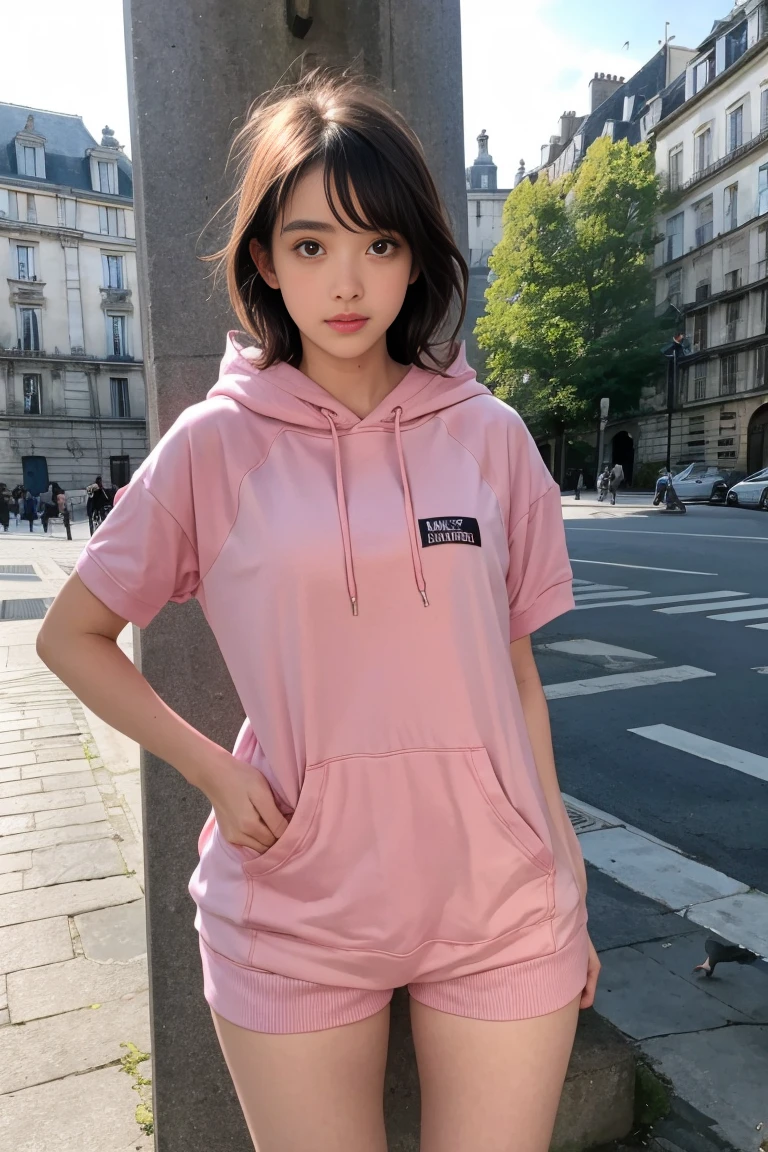 deux femmes ensemble de 18 ans sexy et mince , pink short sleeve hoodie , jambe visible , se touche,avec des pigeons qui se pose sur elles,position sensuel