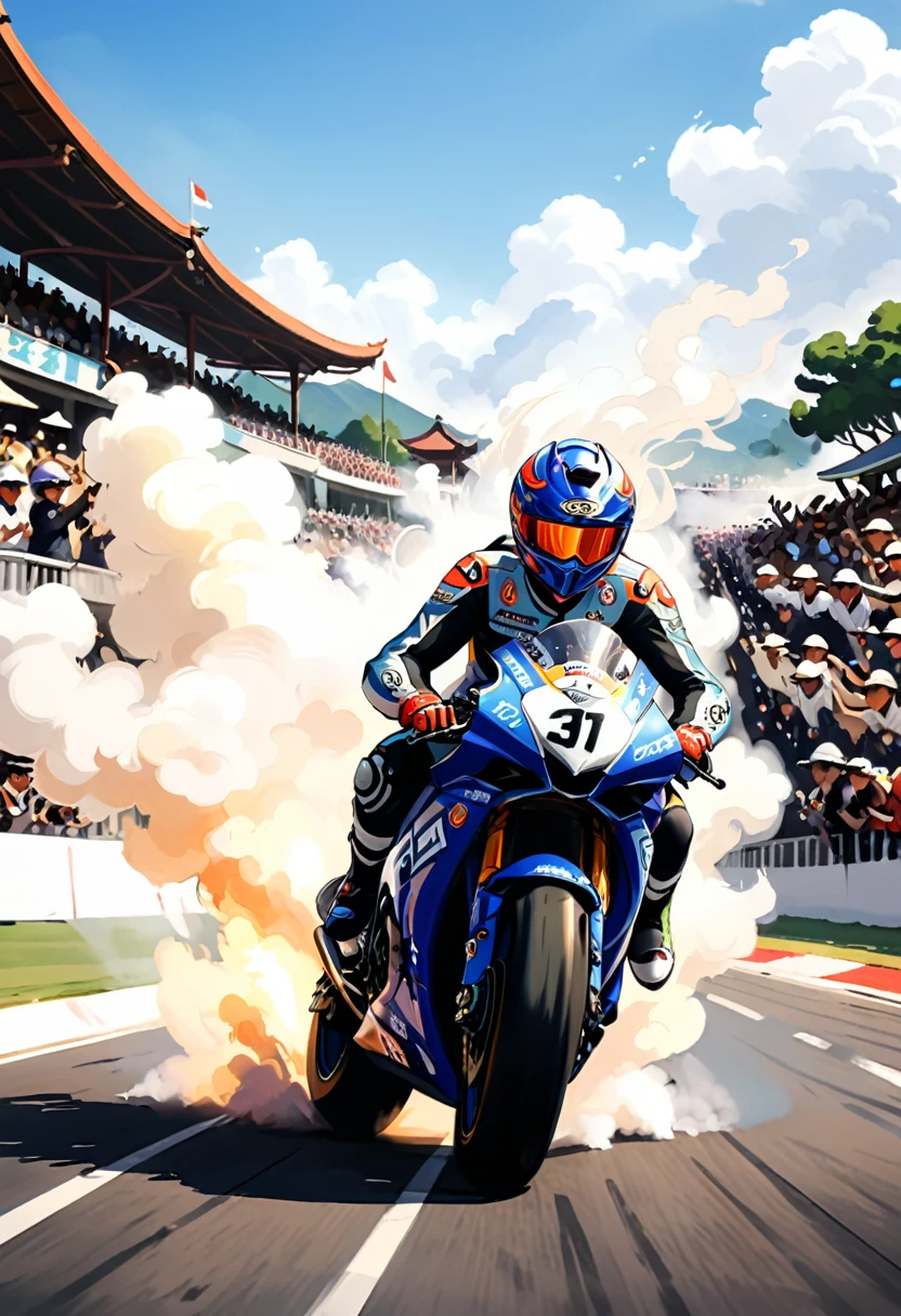 (Motorcycle), On a professional racing track, two Asian athletes dressed in professional racing uniforms are driving high-performance racing grade motorcycles, almost neck and neck, with white smoke generated by intense friction between tires and the ground. The audience is filled with boiling cheers, and the background is filled with enthusiastic spectators, full body, (Photography), panoramic view, award-winning, cinematic still, emotional, vignette, dynamic, vivid, (masterpiece, best quality, Professional, perfect composition, very aesthetic, absurdres, ultra-detailed, intricate details:1.3)