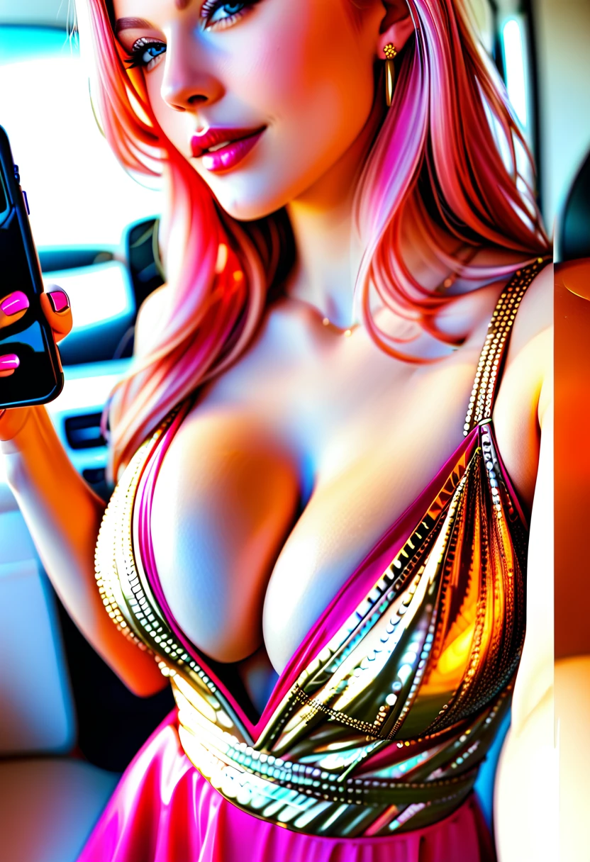 Fraction_9, Fraction_8_Direction_7_up , The pink-haired German beauty in a gold embroidered dress took a stunning blurry selfie，Fuller upper breast area，cleavage 1:3