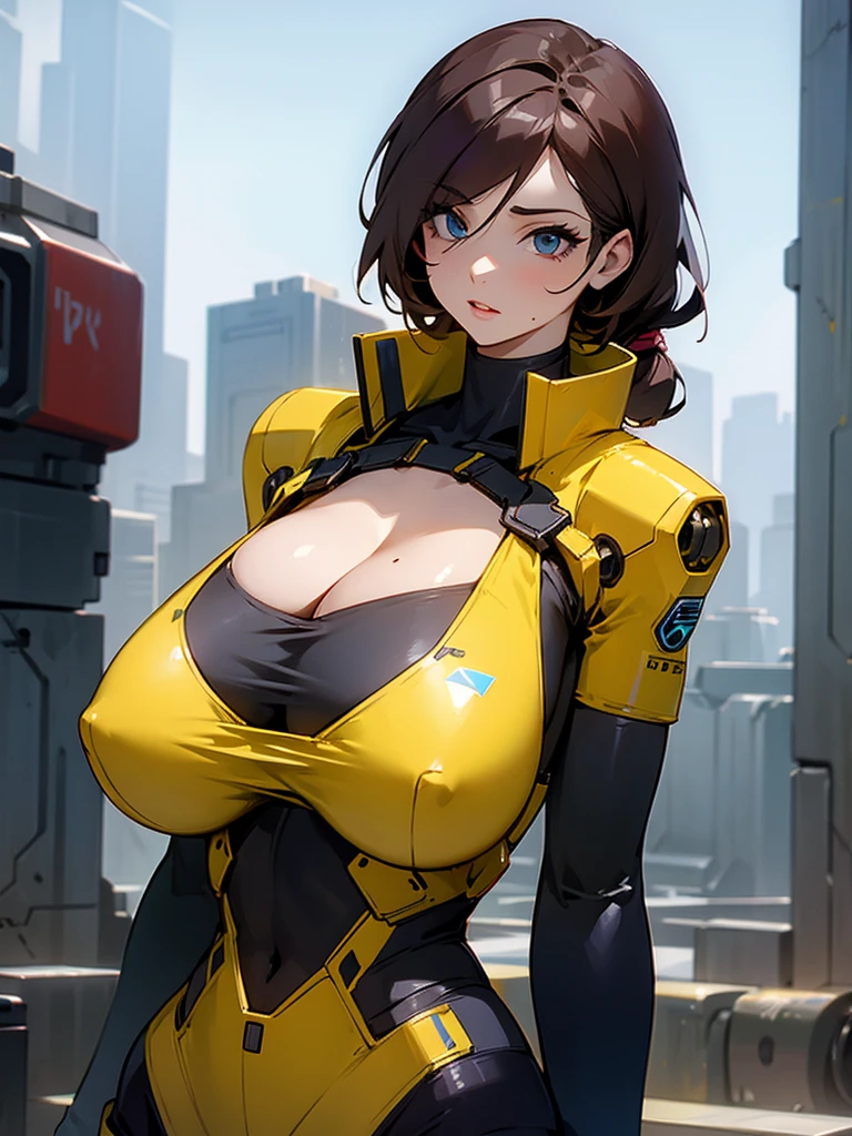 Huge breasted android woman with cleavage in a dystopian city