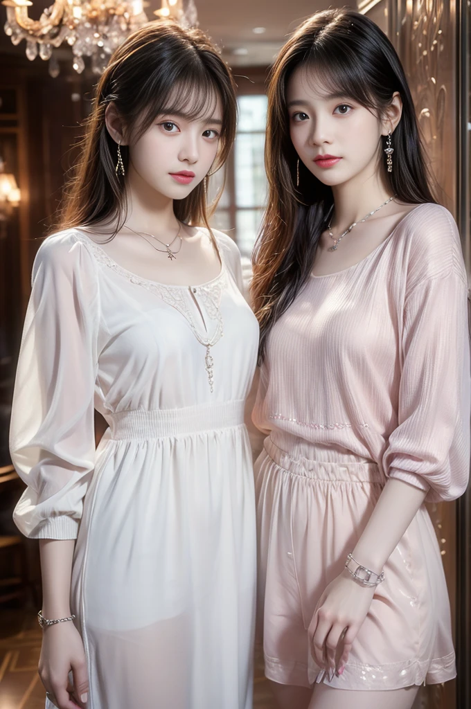 practicalphotography，22 years old，portrait，full Body，Korean，（twins、Mature：1.3），2 girl，beautiful girl，arrogant，（necklace、earrings、bracelet：1.1），（Environmental details：1.3），（Original image、CG Unity、photography、Ultra-practical details、Clear focus、Delicate skin、4K、high resolution、masterpiece、Best quality、practical、Energetic：1.2），（8K、4K、Ultra-high quality、high resolution、major、ish、dramatic），Detailed home background