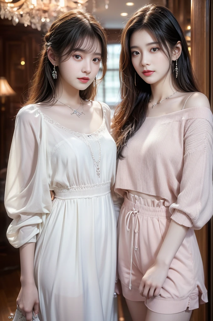 practicalphotography,22 years old,portrait,full Body,Korean,(twins、Mature:1.3),2 girl,beautiful girl,arrogant,(necklace、earrings、bracelet:1.1),(Environmental details:1.3),(Original image、CG Unity、photography、Ultra-practical details、Clear focus、Delicate skin、4K、high resolution、masterpiece、Best quality、practical、Energetic:1.2),(8K、4K、Ultra-high quality、high resolution、major、ish、dramatic),Detailed home background