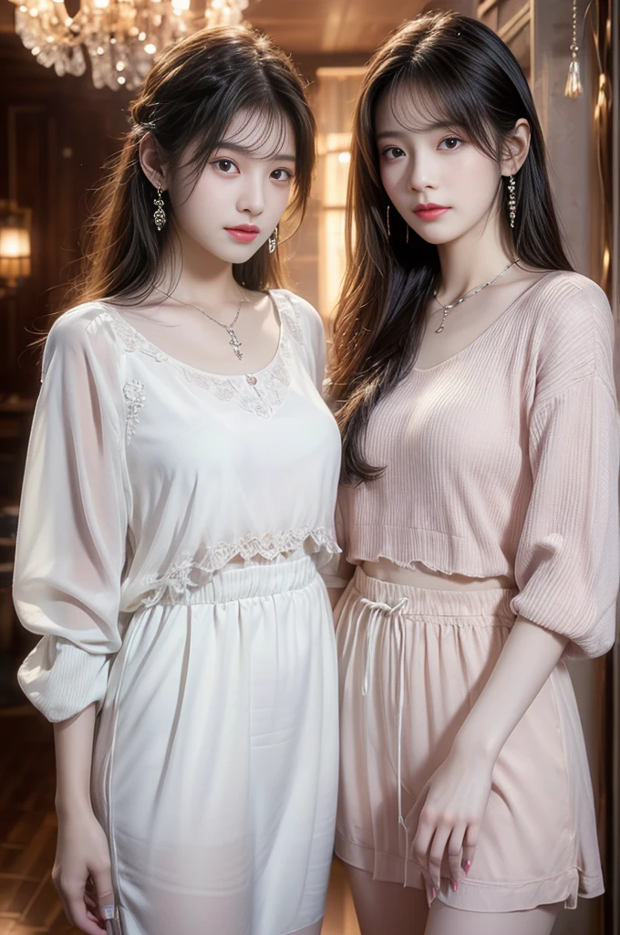 practicalphotography,22 years old,portrait,full Body,Korean,(twins、Mature:1.3),2 girl,beautiful girl,arrogant,(necklace、earrings、bracelet:1.1),(Environmental details:1.3),(Original image、CG Unity、photography、Ultra-practical details、Clear focus、Delicate skin、4K、high resolution、masterpiece、Best quality、practical、Energetic:1.2),(8K、4K、Ultra-high quality、high resolution、major、ish、dramatic),Detailed home background