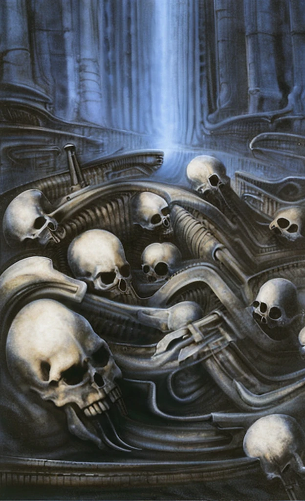 

g1g3r, 0f1g, Giger_style, Giger_style, The image is a detailed view of H.R. Giger's \" biomechanical landscape V\" plate, 

 The tableau depicts a close-up of a group of ivory objects resembling skulls and skeletons, some of which have signs of decay.

The painting is a nightmarish biomechanical scene. In the center of the composition is a chessboard with several chess pieces scattered around it. The background is filled with biomechanical pipes and tubes. The overall feel is one of decay and desolation.
Giger’s signature artistic style, biomechanical surrealism, is on full display in this piece. Biomechanical surrealism combines human anatomy with machines. The skeletal figures in the painting are fused with mechanical parts, creating a disturbing and unsettling effect.
Here’s a more detailed description of the composition:
In the center foreground is a metallic chessboard with several metallic chess pieces scattered around it.
To the right of the chessboard is a skeletal figure hunched over tribune. 
The art performance showcases the artist’s skills in observation and rendering. The level of detail in the piece suggests a close study of real bone specimens and anatomy. The artist has skillfully used shading techniques to create a convincing illusion of three-dimensionality on a flat surface.The wrinkles and cracks in the surface, and the cast shadows with accuracy, used shading techniques to create a realistic depiction of light and shadow on the objects. This creates a sense of depth and dimension in the image

The style  is clearly biomechanical. Features combination of organic and mechanical forms. Mechanical elements dominate the composition, there are subtle organic hints. The use of undersaturated purple-grays dark contrasts creates a stark and graphic look. Is used a variety of linework techniques to create different textures. Fine, parallel lines create a smooth, metallic texture,while thicker, more cursive lines suggest cables or wires. Machine fills mo