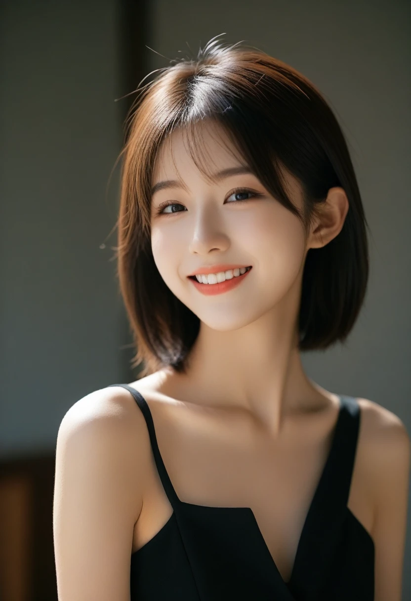 8K, Ultra-high resolution, Highest quality, masterpiece, 三分割法によるphotograph,Surreal, photograph, 1 Girl, (16 years old:1.3), pretty girl, Cute face, Beautiful eyes in every detail, 細かくdetailedに,masterpiece,, One Girl:1.2, Japan Female Announcer,whole body, 1 Girl, Blurred Background, Slender figure,ヨーロッパの少女のPortraiture,Beautiful Face,Upper Body,Hair on one eye,Medium Sidecut, Sharp focus,Black business suit,Beautiful leg line beauty,Captivating thighs,A carefree smile,Heal the heart,Black Hair,Looking at the audience、beauty,Long neck、Laugh a little、Please close your mouth and laugh、(((Ideal body type))),A cup small breasts :2,、Portraiture:2、Perfect Anatomy、鮮明なdetailed、detailed、Surreal、Light and shadow,Strong light