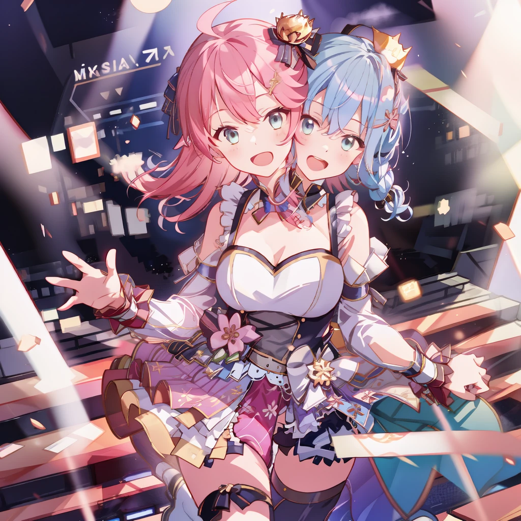 (masterpiece, best quality), best resolution, 16k, close-up, BREAK (2heads:1.5), ((cheek to cheek)), 1girl, solo, BREAK miko4, hololive idol uniform, sakura miko, idol clothes, green eyes, ahoge, pink hair, solo, x hair ornament, hairclip, single thighhigh, white gloves, long hair, floral print, bell, hair bell, cleavage, pink thighhighs, one side up, BREAK SuiseiStellar, long hair, half updo, tilted crown, white shrug \(clothing\), juliet sleeves, blue brooch, blue pinstripe shirt, blue vest, half gloves, blue shorts, half-skirt, o-ring thigh strap, single thigh boot, BREAK (standing, stand straight), look at viewer, (both hands above chest, perfect hands), ((cheek-to-cheek)), singing, open mouth, exciting, concert stage, starfield, spotlight, BREAK concert stage, spotlight