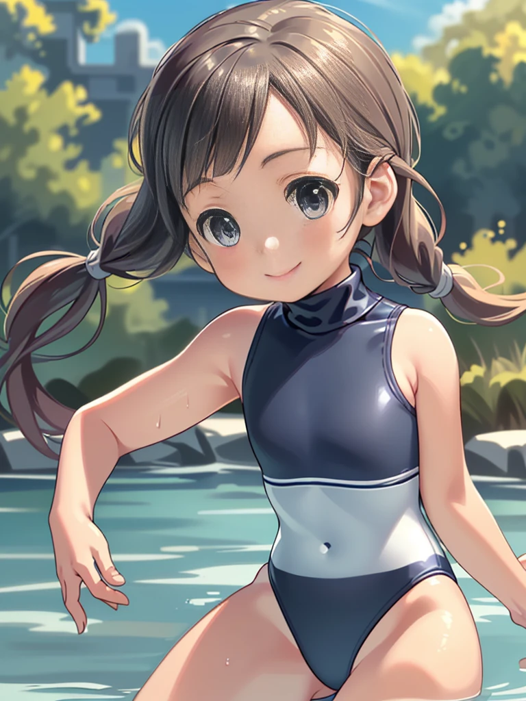 Highest quality, masterpiece, Ultra-high resolution, (Realistic:1.4), RAW Photos, Intricate details, Big beautiful eyes, Perfect contours, masterpiece, One Girl, ((Elementary school students)), Braided Bob, The chest is large, Competitive swimmer, (one piece, turtleneck,Sleeveless swimsuit), Clear metallic blue swimsuit, 　tight high leg swimsuit, ((side view:1.3, looking over shoulder:1.3, shoot from below:1.4)), Portraiture, View your viewers, Outdoor swimming pool, Partially submerged, Wet Skin, smile, (Underarm)