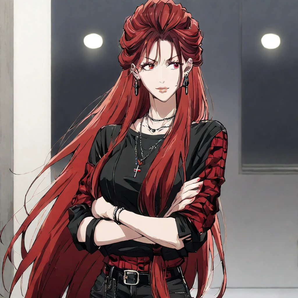 1girl, female gojo satoru, anime screencap from jujutsu kaisen, gojo satoru female version, solo, very long_hair, red eyes ((red_hair)), night view, breasts, upper_body, smile, indoors, book, bangs, red_eyes, lips, ((her hairstyle : The character in the image has long straight red hair)) wearing casual outfit, breast, "very detailed and high resolution" (red eyes) ((cross arms)) ((very long hair)) ((solo)) Earings, necklace