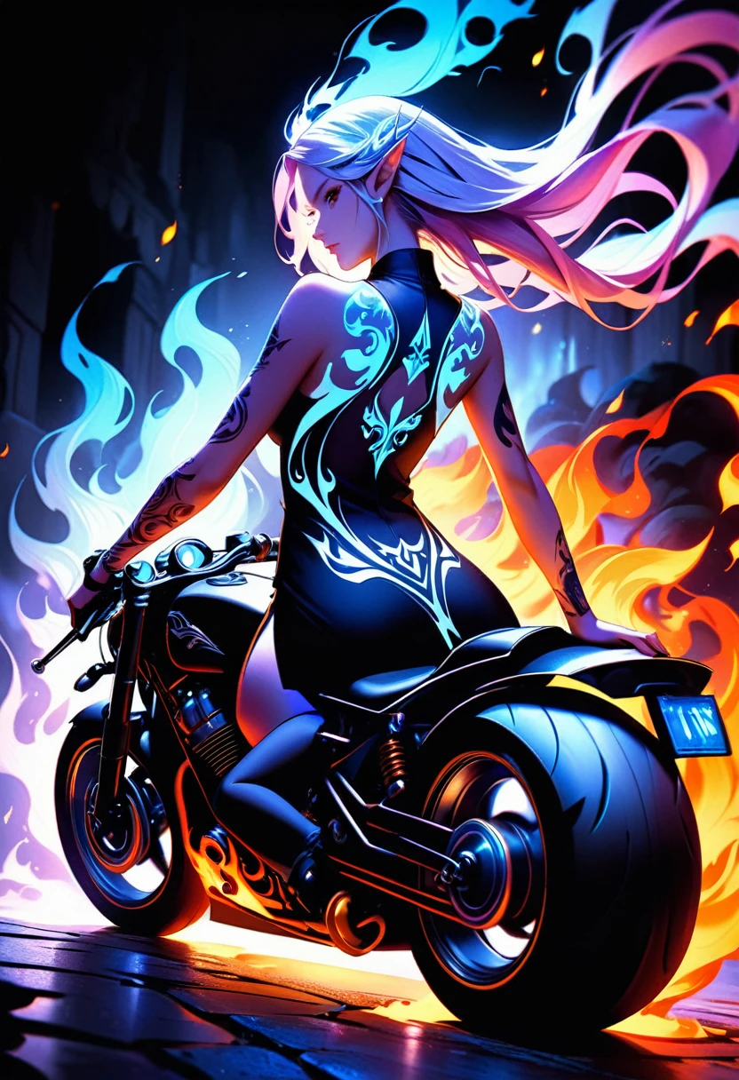Arafed, Dark fantasy art, fantasy art, goth art, a picture of a ((tattoo of motorcycle: 1.5)) on the back of a female elf, a glowing tattoo of a ((motorcycle: 1.3)) on the elf's back, the ((motorcycle tattoo)) is vivid, intricate detailed coming to life from the ink to real life, GlowingRunesAI_purple, ((fire surrounds the motorcycle: 1.5)), shot taken from the back, ((the back is visible: 1.3), she wears a transparent black dress, the dress is elegant, flowing, elven style, that the tattoos glow, dynamic hair color, dynamic hair style, faize,, Digital Painting