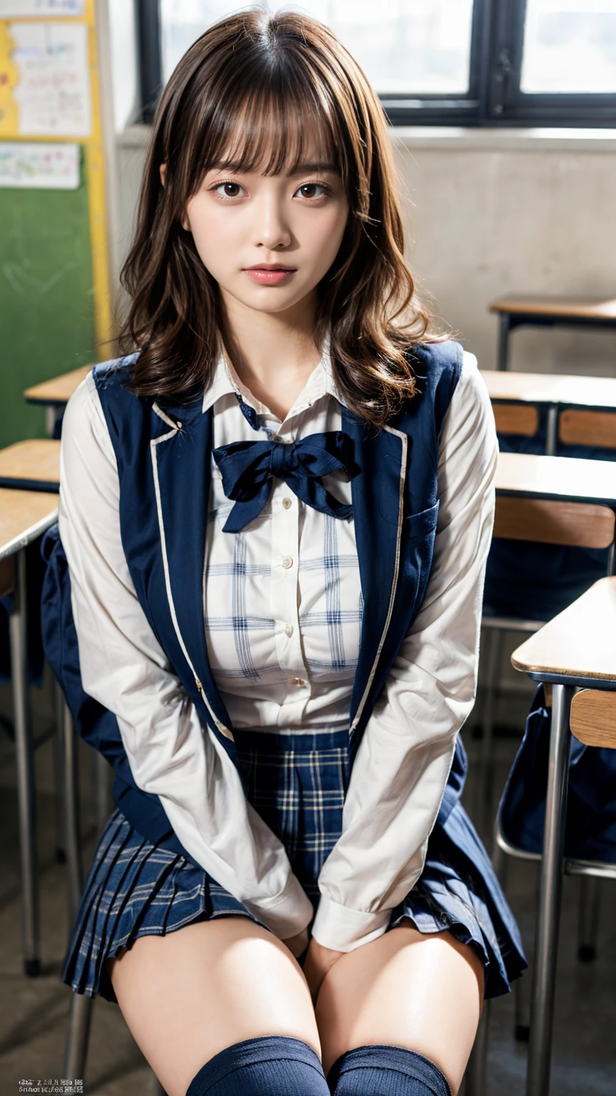 (8K, RAW Photos, Highest quality, masterpiece:1.2), (professional photography, full colors, studio-caliber color grading), (Gravure quality for high-end fashion magazines), BREAK,18 year old girl, short hair, (wavy hair:1.2), short bob hair, black hair color, Big Natural Color Lip, (Plumpy body:1 (smooth skin:1.1 (huge breasts:1.0 BREAK High school girl uniform, blazer, Super Short Check Uniform Skirt, Navy blue high socks, BREAK High School Classroom