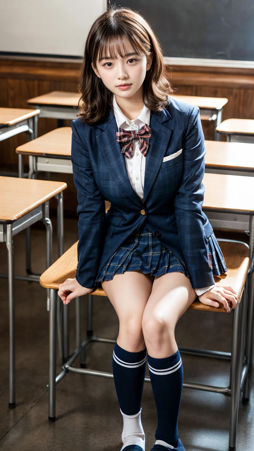 (8K, RAW Photos, Highest quality, masterpiece:1.2), (professional photography, full colors, studio-caliber color grading), (Gravure quality for high-end fashion magazines),  BREAK,18 year old girl, short hair, (wavy hair:1.2), short bob hair, black hair color, Big Natural Color Lip, (Plumpy body:1 (smooth skin:1.1 (huge breasts:1.0  BREAK High school girl uniform, blazer, Super Short Check Uniform Skirt, Navy blue high socks,  BREAK High School Classroom