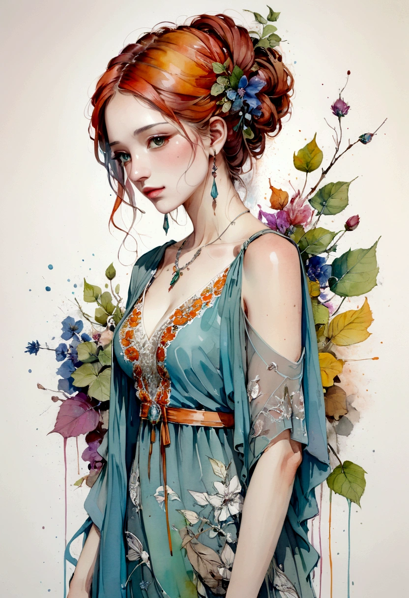 a painting of a woman in a colorful dress, a gouache by Carne Griffiths, pinterest, figurative art, mixed media, watercolor, feminine