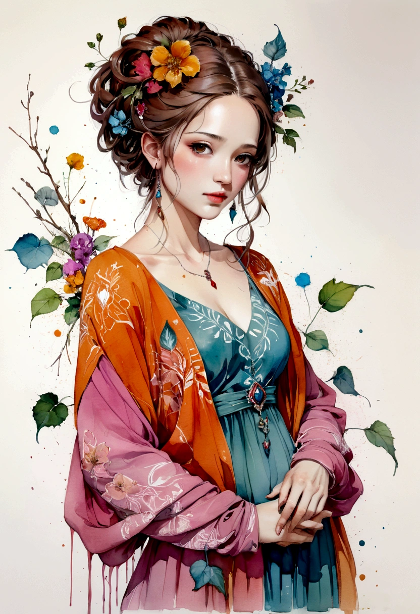 a painting of a woman in a colorful dress, a gouache by Carne Griffiths, pinterest, figurative art, mixed media, watercolor, feminine