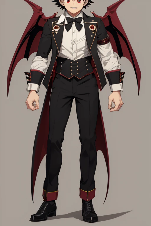 Izuku Midoriya character sheet from My Hero Academia, Vampire, incubus, red eyes and white hair, bat wings, black clothes, black steampunk pants, red shirt, black vest, pale skin. Looking directly at the viewer