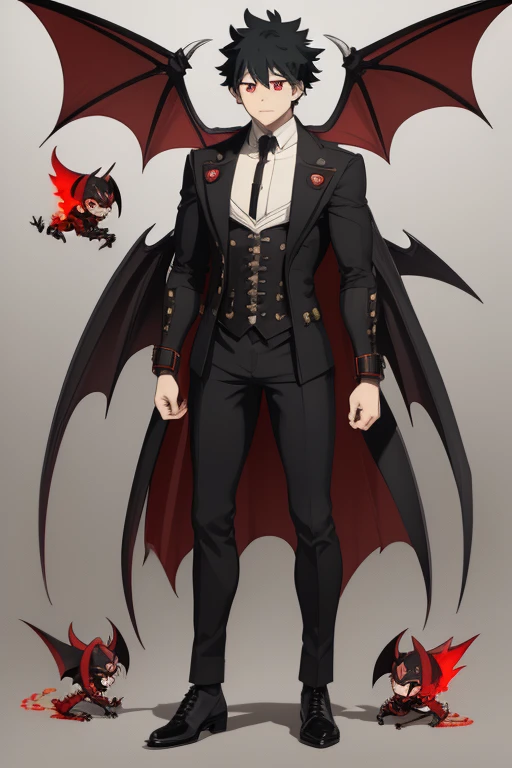Izuku Midoriya character sheet from My Hero Academia, Vampire, incubus, red eyes and white hair, bat wings, black clothes, black steampunk pants, red shirt, black vest, pale skin. Looking directly at the viewer