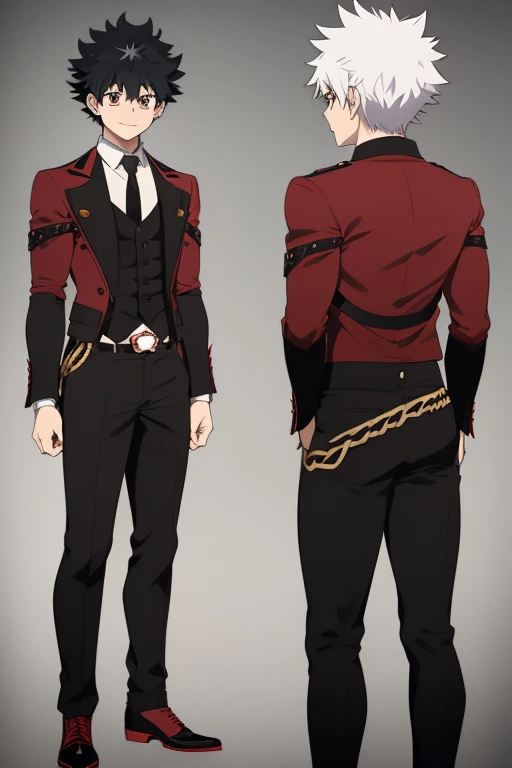 Izuku Midoriya character sheet from My Hero Academia, Vampire, incubus, red eyes and white hair, bat wings, black clothes, black steampunk pants, red shirt, black vest, pale skin. Looking directly at the viewer