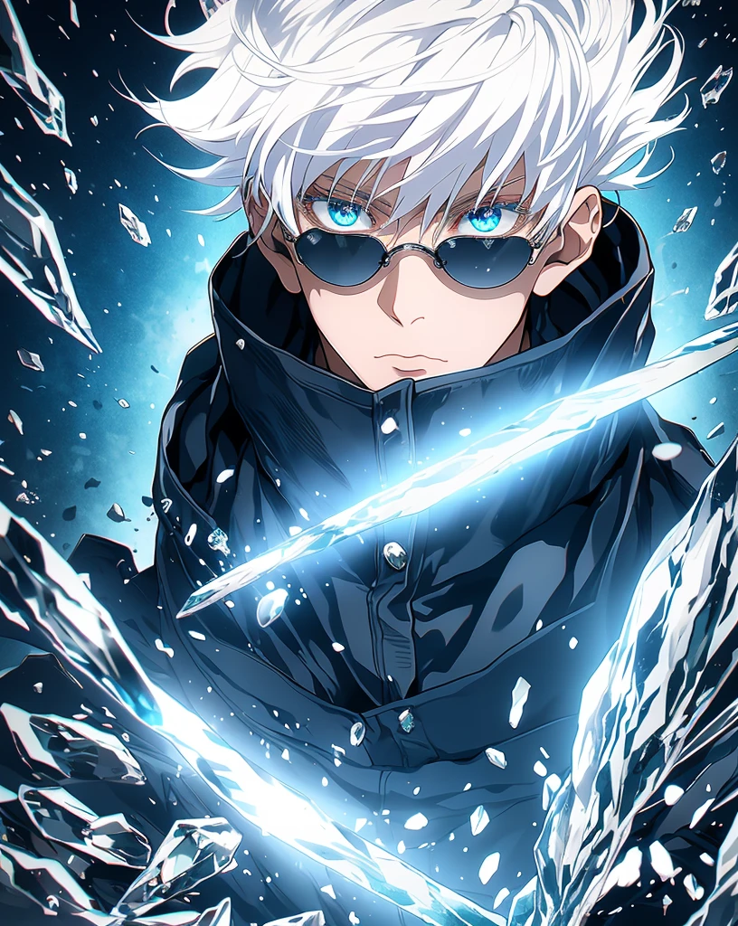 gojou satoru, 1boy, full body, white hair, blue eyes, looking at viewer,Fine eyes,
high collar, hair between eyes, black jacket,short hair, bangs, white hair, colorful crystal stone, hair between eyes, colored eyelashes, black jacket, jacket, high collar, round sunglasses,
