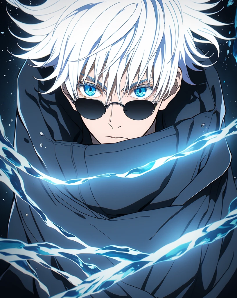 gojou satoru, 1boy, full body, white hair, blue eyes, looking at viewer,Fine eyes,
high collar, hair between eyes, black jacket,short hair, bangs, white hair, colorful crystal stone, hair between eyes, colored eyelashes, black jacket, jacket, high collar, round sunglasses,