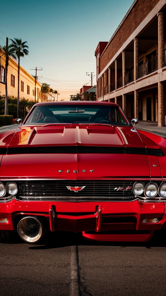 Cherry Red Chevy Impala hyper detailed, intricate details, parked on a street in the evening. Dramatic, Hispanic, Chicano, Epic, side view, full body shot.