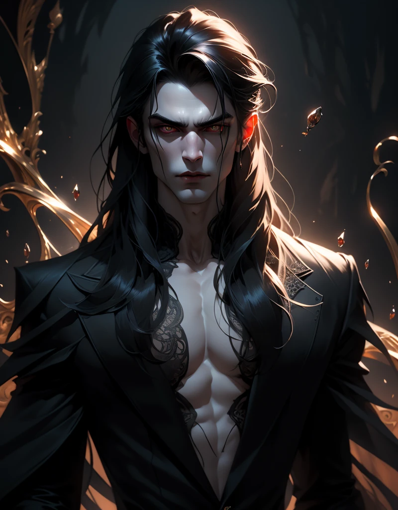 {anatomy}(Masterpiece - Ultra-detailed, very high resolution) Prepare to be enchanted by a true masterpiece that combines ultra-detailed art with high-resolution rendering. This work portrays a vampire man with long black hair (1.3) and captivating golden eyes (1.2), emanating an aura of mystery in decadent settings. The intricate details and realistic textures invite you to explore every aspect of this enchanting composition. Vampire man wearing black. Serious expressions. Pale skin like a vampire.