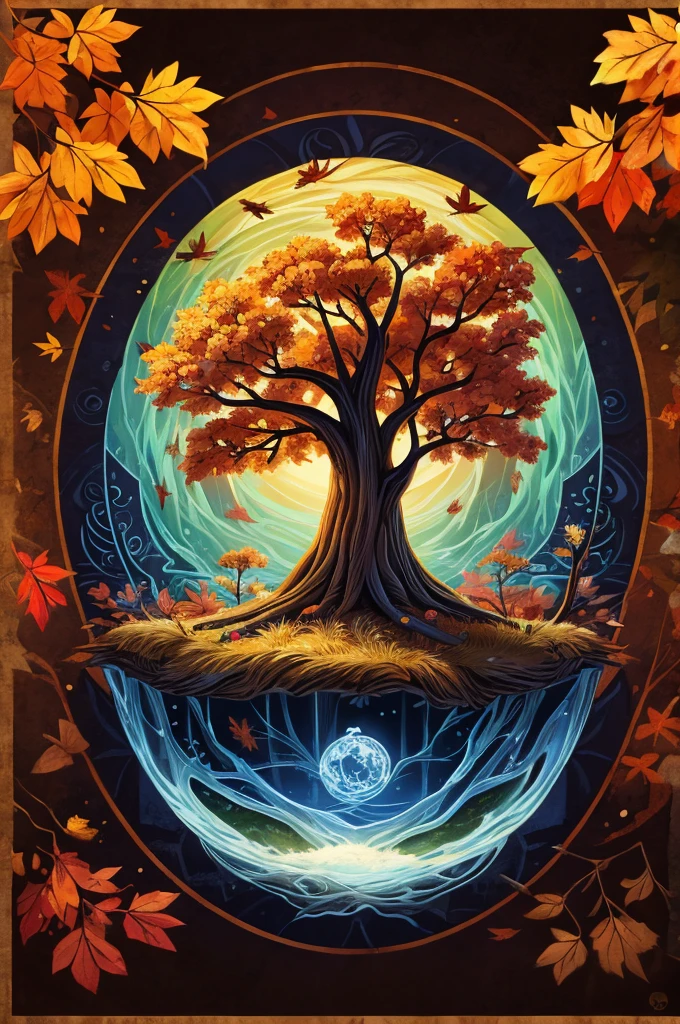 circular tree,four seasons,spring,summer,autumn,winter,leaves,roots,branches,trunk,ornate border,decorative,digital illustration,artwork,movement,time,swirling background,dark background,vibrant colors,natural,life cycle,growth,change,nature,life,peace,harmony,spirituality,symbolism,digital art,illustration,painting,graphic design,art,design,digital media,online art,visual art,fine art,fantasy
