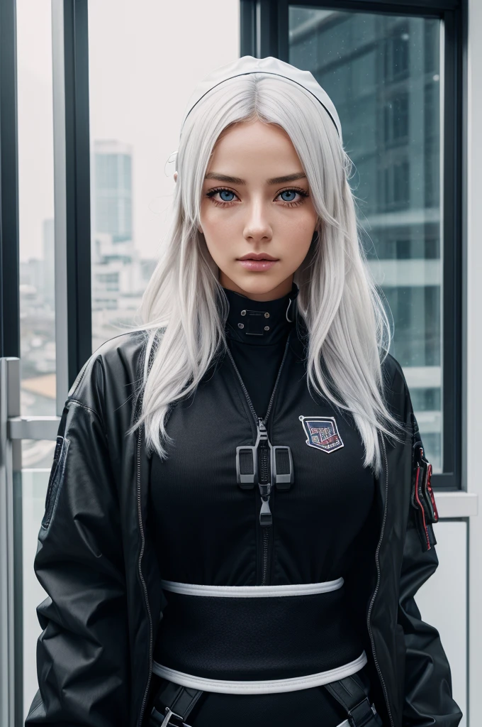 master part, best quality, 4K, uhd, Mishoujo, painting-like, Beautiful eyes and detailed face, illustration, beautiful detailed, High resolution illustration, Ablaze_offwhite_particuls, 1girl, white hair, light purple eye, hair over one eye, Sidetail curto, baseball cap,no expression, window shade, Black jacket, Chest Rig, cyberpunk, Techwear,(impressionalism:1.4)
