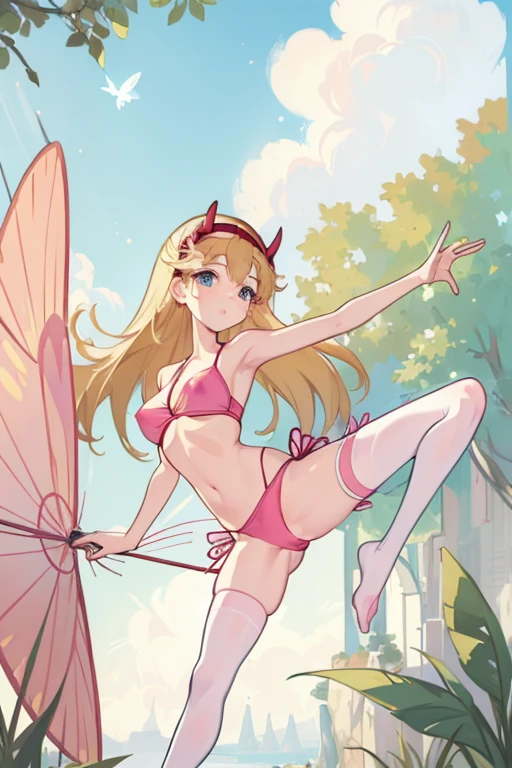 (Masterpiece artwork, alta resolution: 1.4), 1 girl, ((legs spread open)), maos na bunda, breasts showing, pink nipples, Woman, butterfly star, glad,Bikini, sensuous, cloud clothing, find, horn_hair elastic, gazing at viewer, pantyhose,big boobies, naked