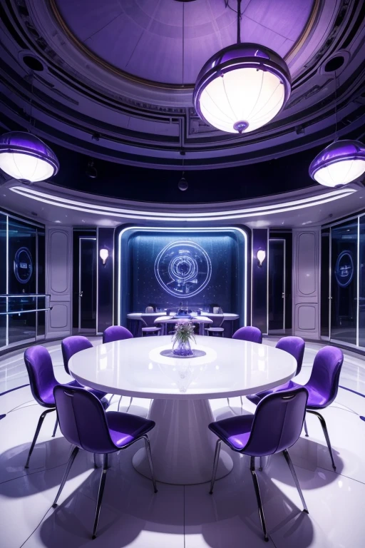 image of a futuristic and art deco style design room,with blue walls, with white details and large round violet lamps hanging from the ceiling,with violet armchairs,
In the middle of the room a long, wide white table,a futuristic hologram mannequin above the table 