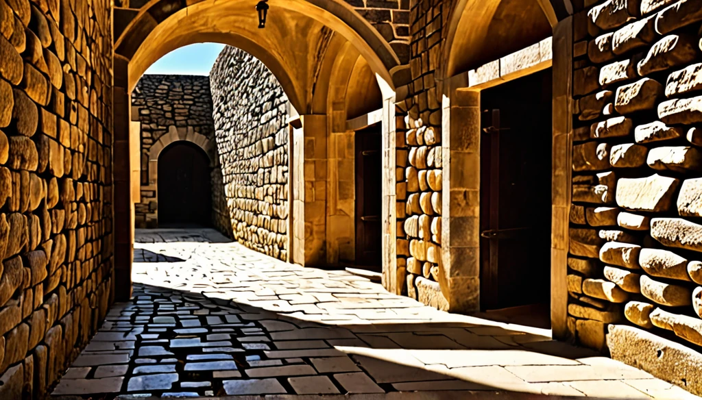 shadows passing through a labyrinthine passageway made of rough stone