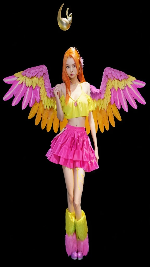 A thin woman with straight orange hair wearing a yellow crop top, a pink skirt, furry boots and wings in yellow, pink and orange.