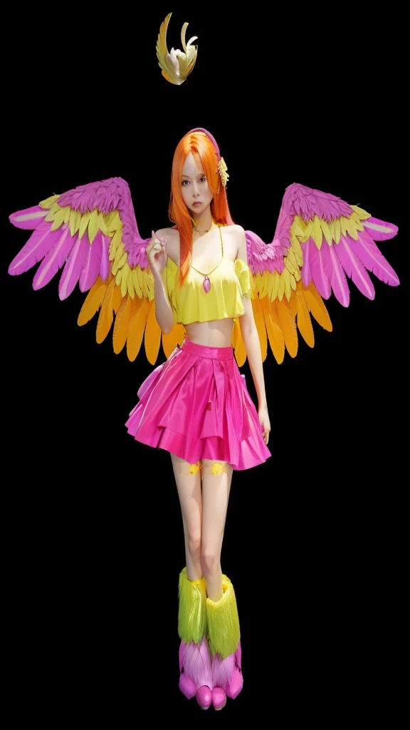 A thin woman with straight orange hair wearing a yellow crop top, a pink skirt, furry boots and wings in yellow, pink and orange.