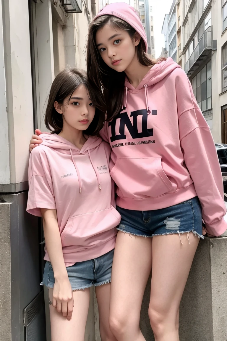 deux femmes ensemble de 18 ans sexy et mince , pink short sleeve hoodie , jambe visible,position sensuel