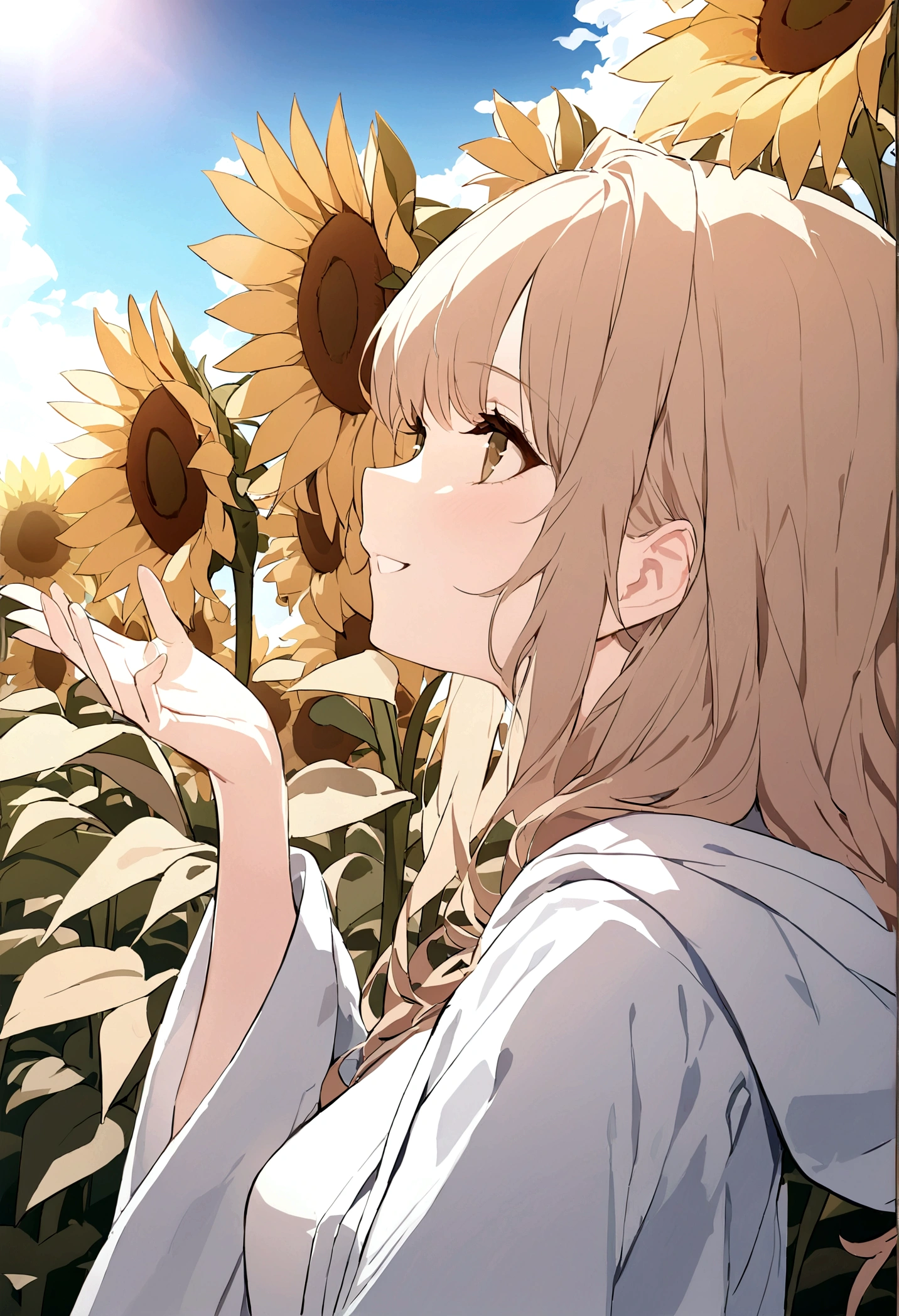 (masterpiece, 32k, 8k) a 17 year old girl, (looking at the sky with her hand stretched high), (profile angle), priestess overcoat, hood over her head, light brown hair, light brown eyes, (beautiful and heavenly face, cheerful smile 1.5), sunny sky, sunlight effect on the character, (sunflower field background)