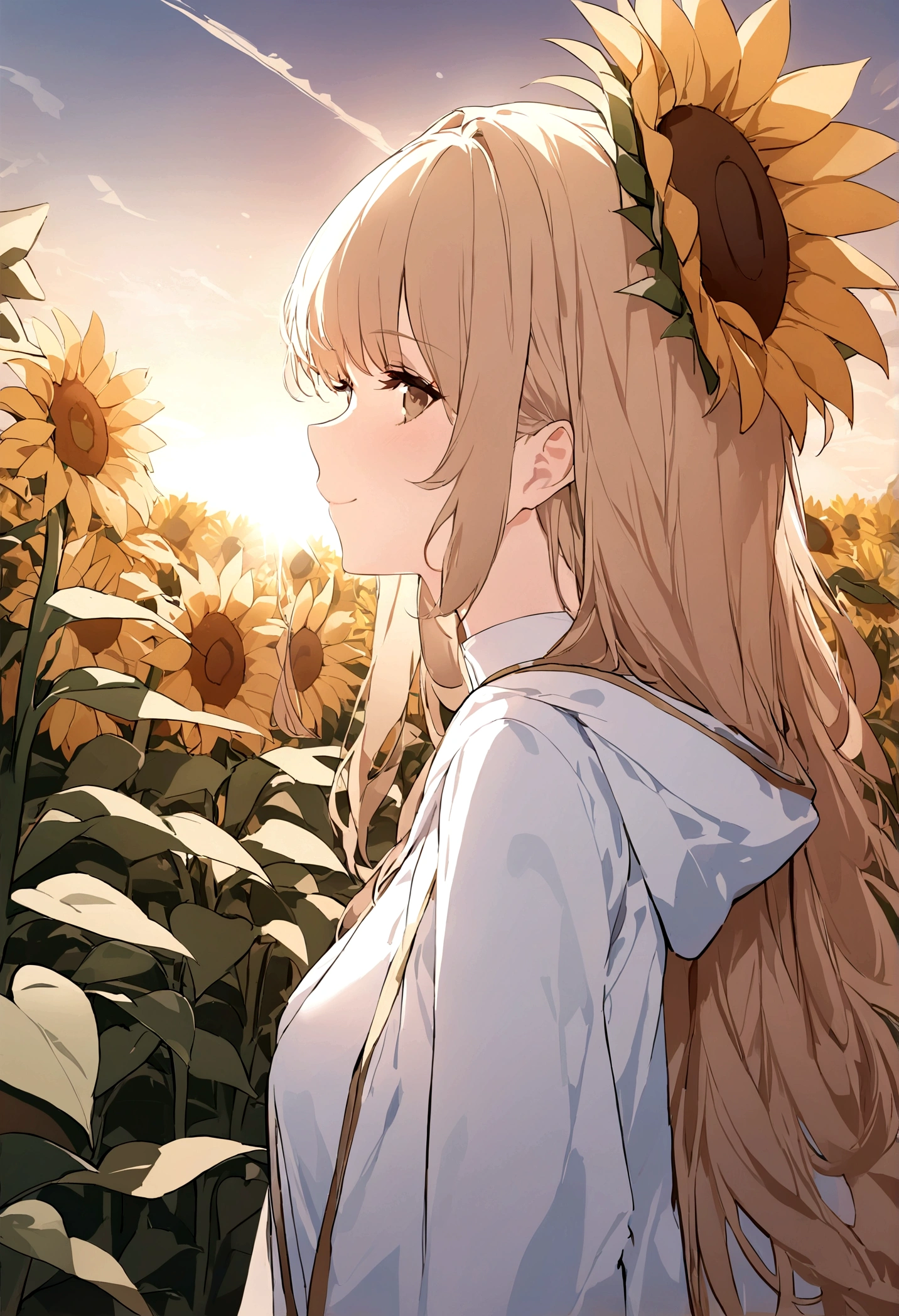 (masterpiece, 32k, 8k) a 17 year old girl, (looking at the sky with her hand stretched high), (profile angle), priestess overcoat, hood over her head, light brown hair, light brown eyes, (beautiful and heavenly face, cheerful smile 1.5), sunny sky, sunlight effect on the character, (sunflower field background)