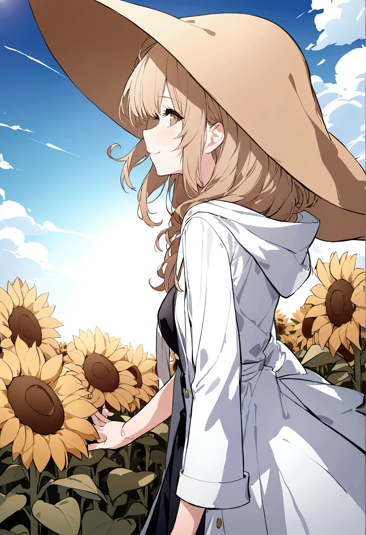 (masterpiece, 32k, 8k) a 17 year old girl, (looking at the sky with her hand stretched high), (profile angle), priestess overcoat, hood over her head, light brown hair, light brown eyes, (beautiful and heavenly face, cheerful smile 1.5), sunny sky, sunlight effect on the character, (sunflower field background)