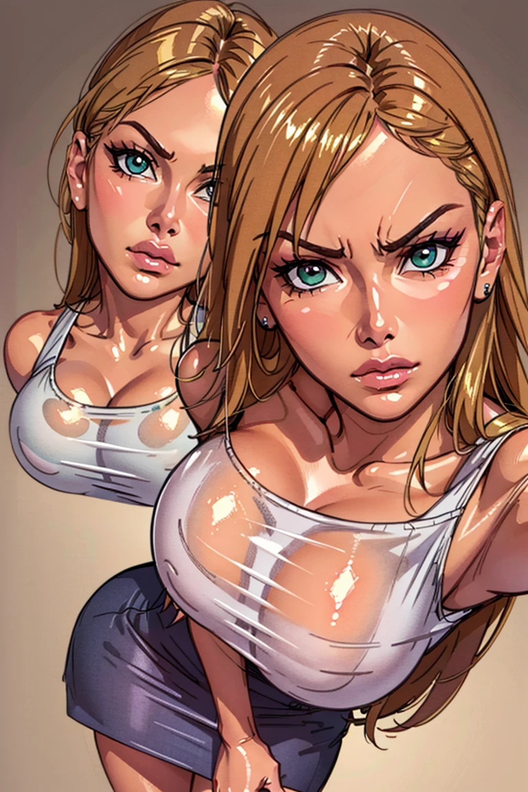 8k,masterpiece, bset quality,big, (1 girl), Kim Possible, green_eyes, orange hair, long hair, professional lighting, (shiny skin: 1.2), shiny big, ((best quality)), sharp focus: 1.2, highly detailed face and skin texture, detailed eyes, perfect face, perfect body, blur art, cg, background, Big breasts, presence (20yo, mature cool and beautiful face), wearing ((blue skirt), white taut shirt, thilush, (mittgal), random pose, top view, perfect eye, angry face