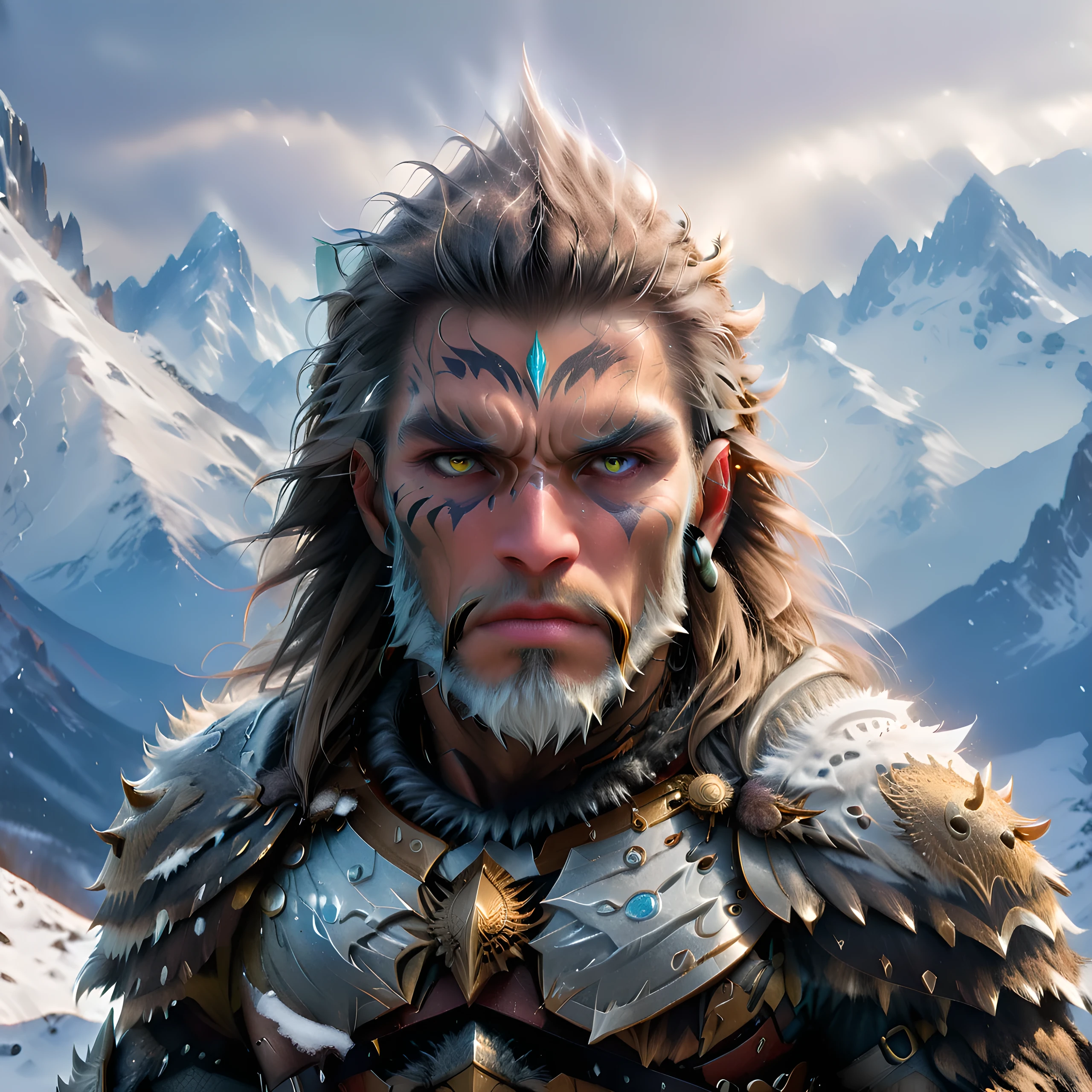 a mammoth anthropomorphic humanoid warrior, highly detailed face and body, intricate armor with icy spikes, standing tall on a snowy mountain peak, dramatic lighting, epic fantasy, cinematic composition, muted color palette, grim expression, intimidating presence, (best quality,8k,highres,masterpiece:1.2),ultra-detailed,(realistic,photorealistic,photo-realistic:1.37),cinematic lighting,dramatic atmosphere,epic fantasy,muted color palette,detailed facial features,intricate armor,icy spikes,snowy mountain backdrop