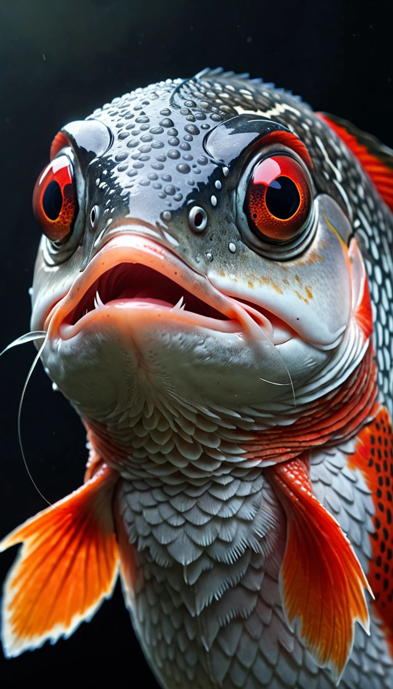 Panorama，河里有一种Mysterious Creatures：Red fish body，Fish head looks like a human face，Mysterious Creatures, shrike, (best quality，4K，8K，High level，masterpiece：1.2），Ultra Detailed，（lifelike，Photo real，Photo real：1.37），Highly detailed animals，Complex patterns，Realistic lighting，Fantasy Creatures