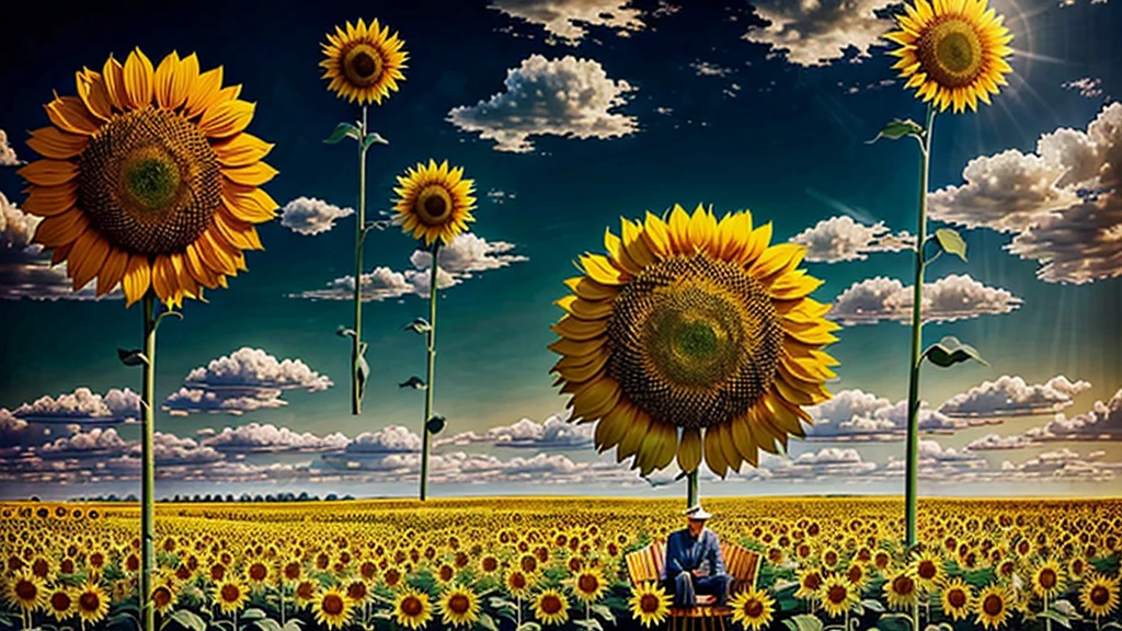 there is a man sitting on a tree in a field of sunflowers, concept art inspired by Vladimir Kush, polycount contest winner, conceptual art, scene : sunflower field, scene: sunflower field, surreal scene, sunflowers, sunflower field, fan art, surrealism 8k, sunflowers in the background, erik johansson, erik johansson style, beautiful digital artwork, surreal + highly detailed