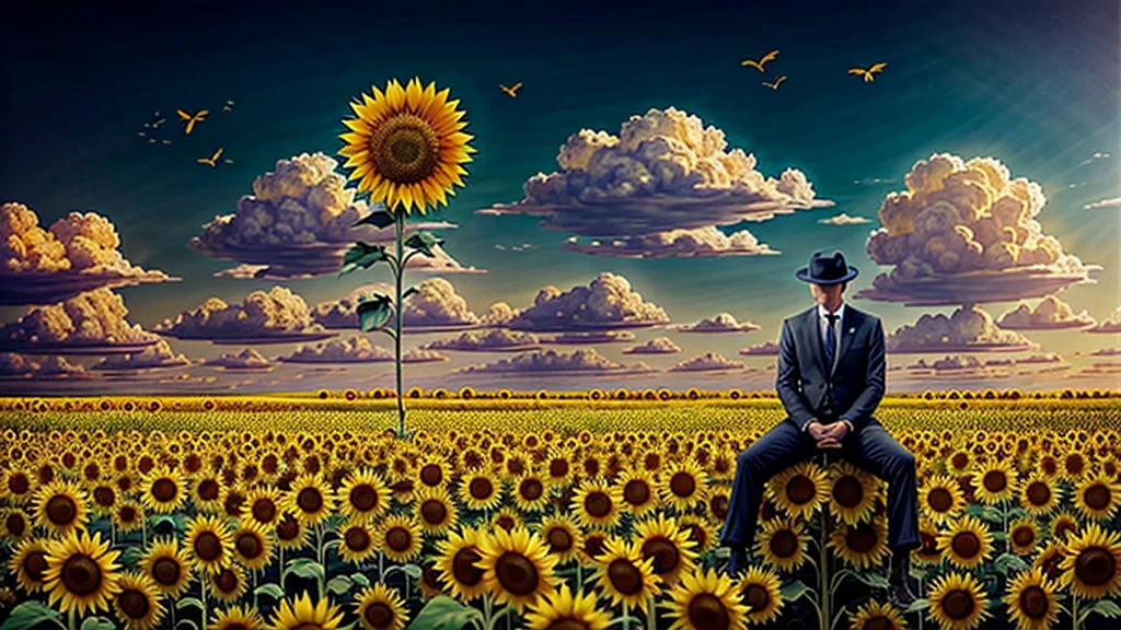 there is a man sitting on a tree in a field of sunflowers, concept art inspired by Vladimir Kush, polycount contest winner, conceptual art, scene : sunflower field, scene: sunflower field, surreal scene, sunflowers, sunflower field, fan art, surrealism 8k, sunflowers in the background, erik johansson, erik johansson style, beautiful digital artwork, surreal + highly detailed