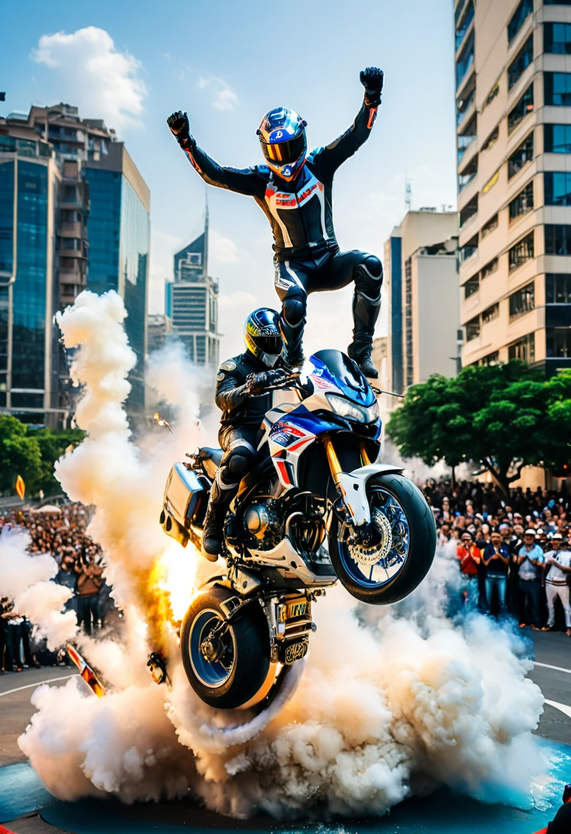 (Motorcycle), In the public square of the city, a stunt rider performs motorcycle acrobatics. He drives his motorcycle on stilts and performs thrilling movements, surrounded by onlookers who exclaim and applaud. The background is the city's buildings and crowds, full body, (Photography), panoramic view, award-winning, cinematic still, emotional, vignette, dynamic, vivid, (masterpiece, best quality, Professional, perfect composition, very aesthetic, absurdres, ultra-detailed, intricate details:1.3)