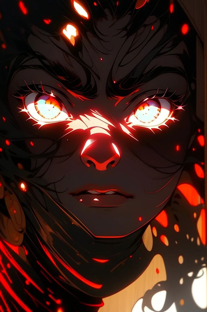 Best quality)), ((masterpiece)), (detailed: 1.4), black dress, dark black hair, black hime cut hair, glowing red eyes, dark background, dark environment, scary, junji ito, juni ito inspired, japanese horror inspired,1girl, feminine, wide eyes, full body, dark empty eyes
