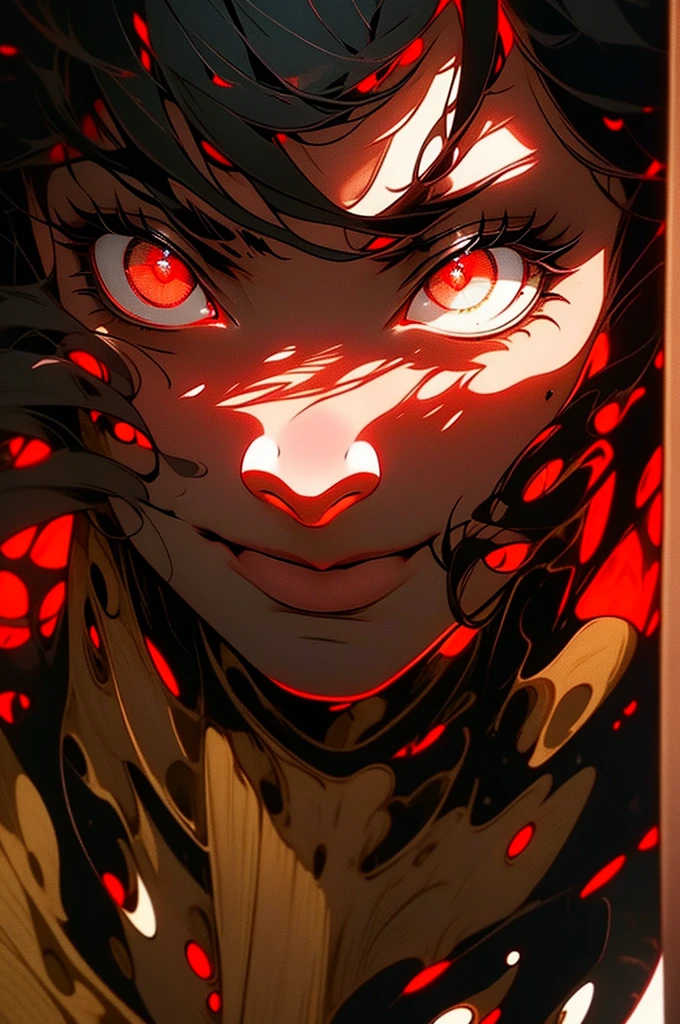 Best quality)), ((masterpiece)), (detailed: 1.4), black dress, dark black hair, black hime cut hair, glowing red eyes, dark background, dark environment, scary, junji ito, juni ito inspired, japanese horror inspired,1girl, feminine, wide eyes, full body, dark empty eyes